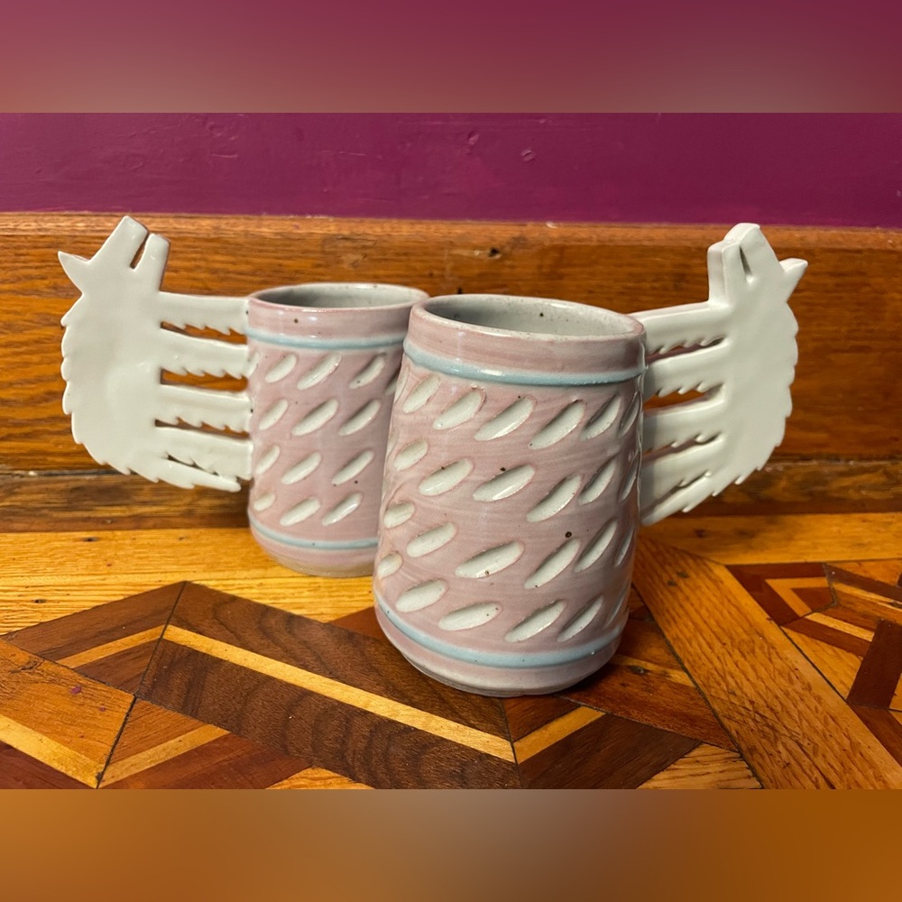 2 Handmade Studio Pottery USA Wolf Mugs Signed Cunningham Pottery ceramic mauve